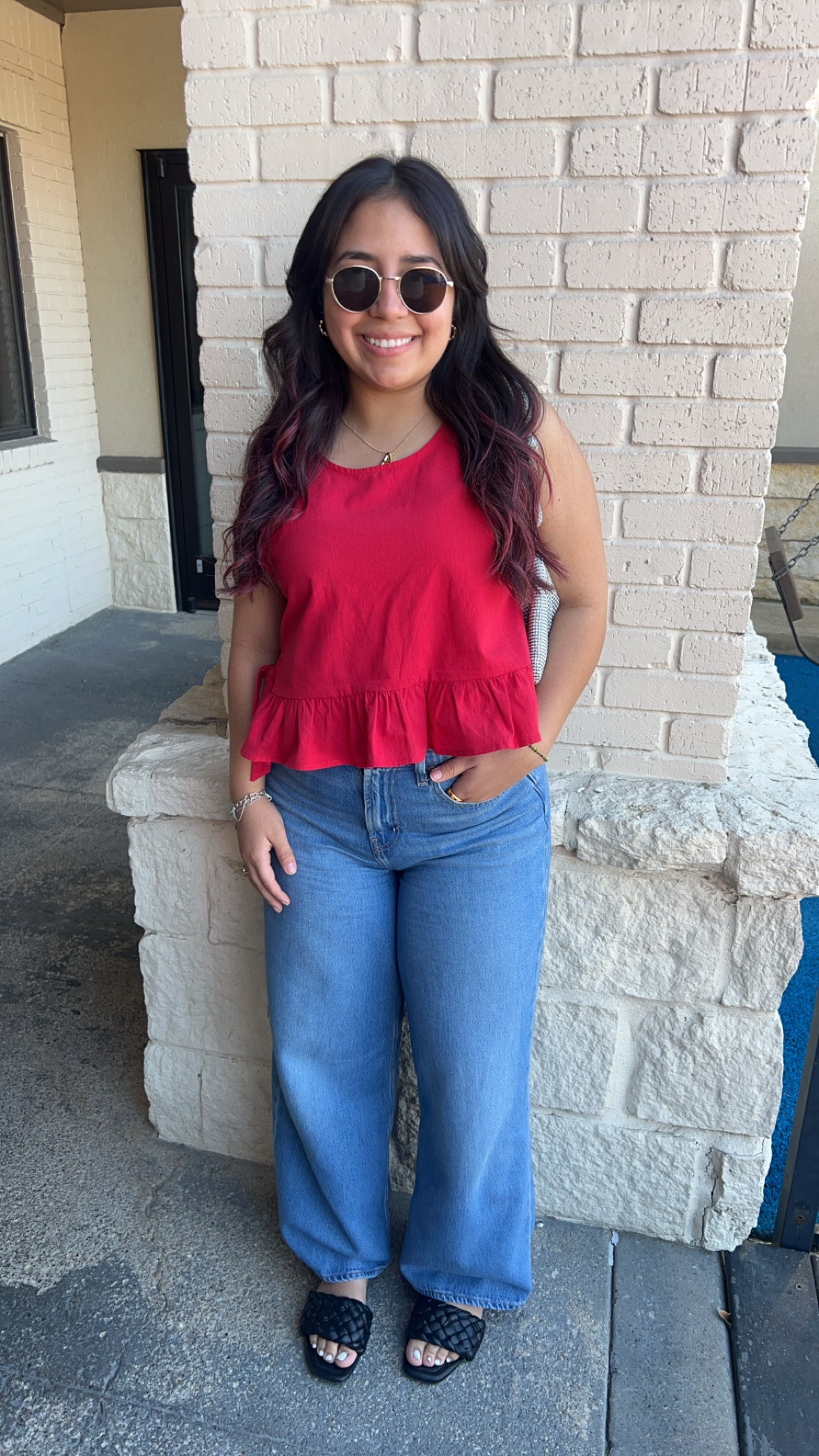 Red side tie ruffle top.