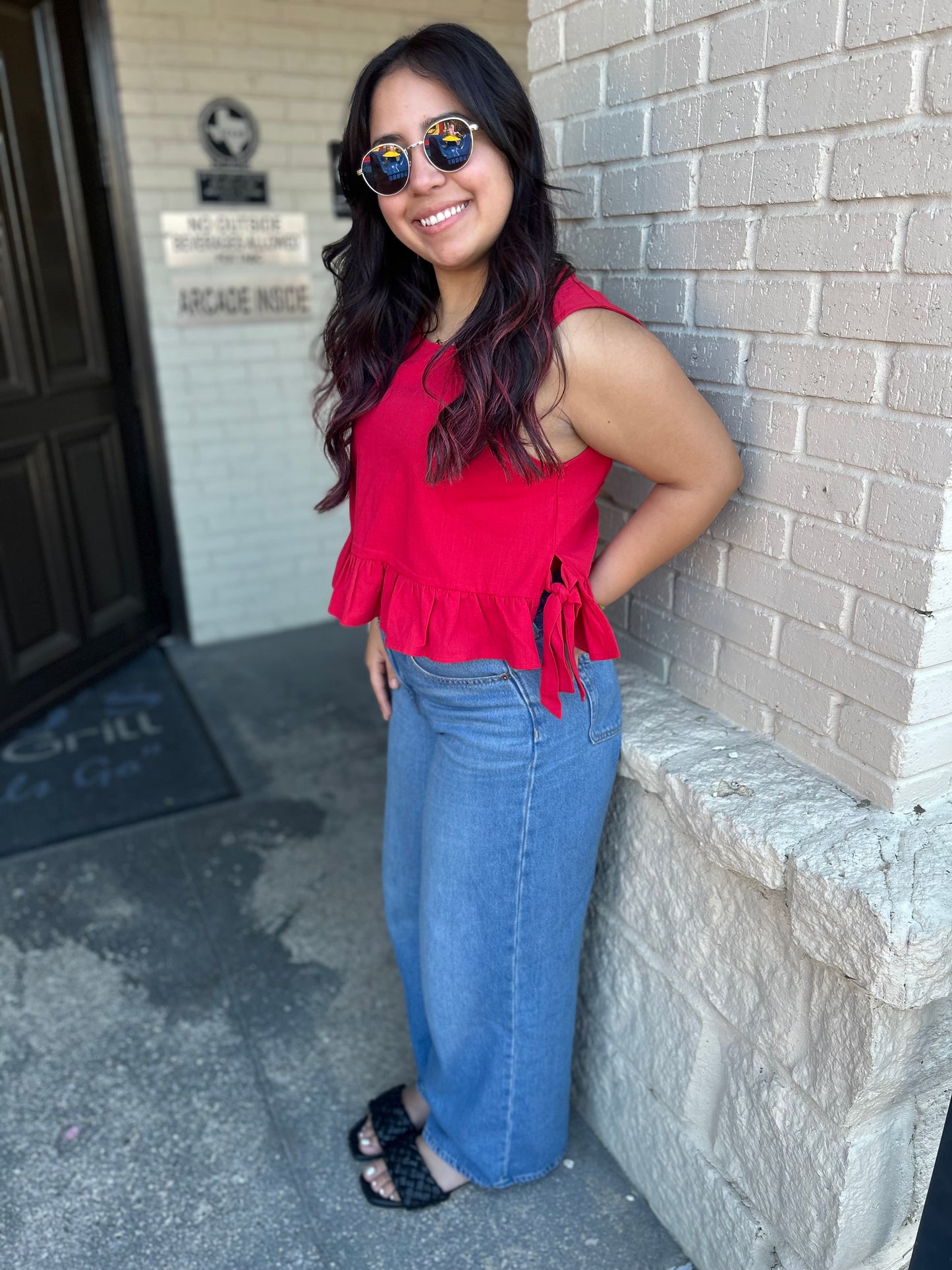 Red side tie ruffle top.