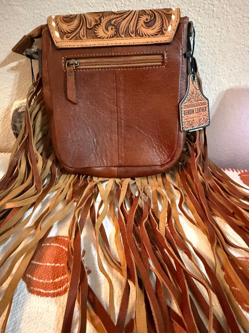 Aces tooled leather fringe crossbody bag