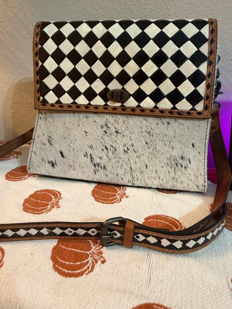 Checker tooled leather & cowhide crossbody bag