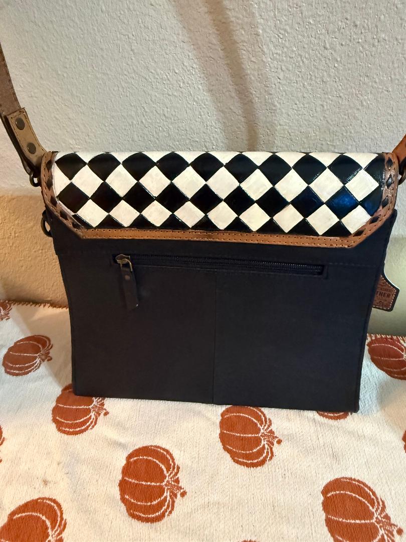 Checker tooled leather & cowhide crossbody bag