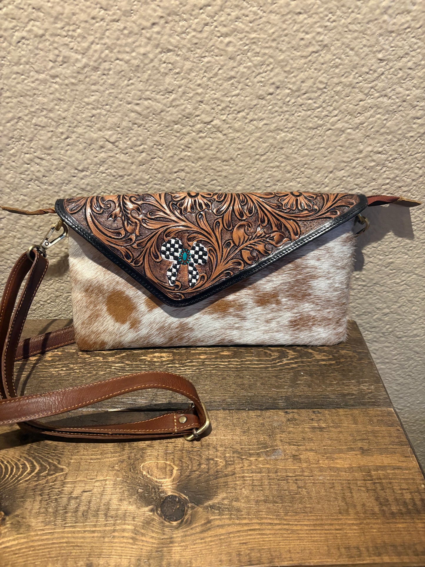 Checkered Bow Cowhide Tooled envelope Crossbody