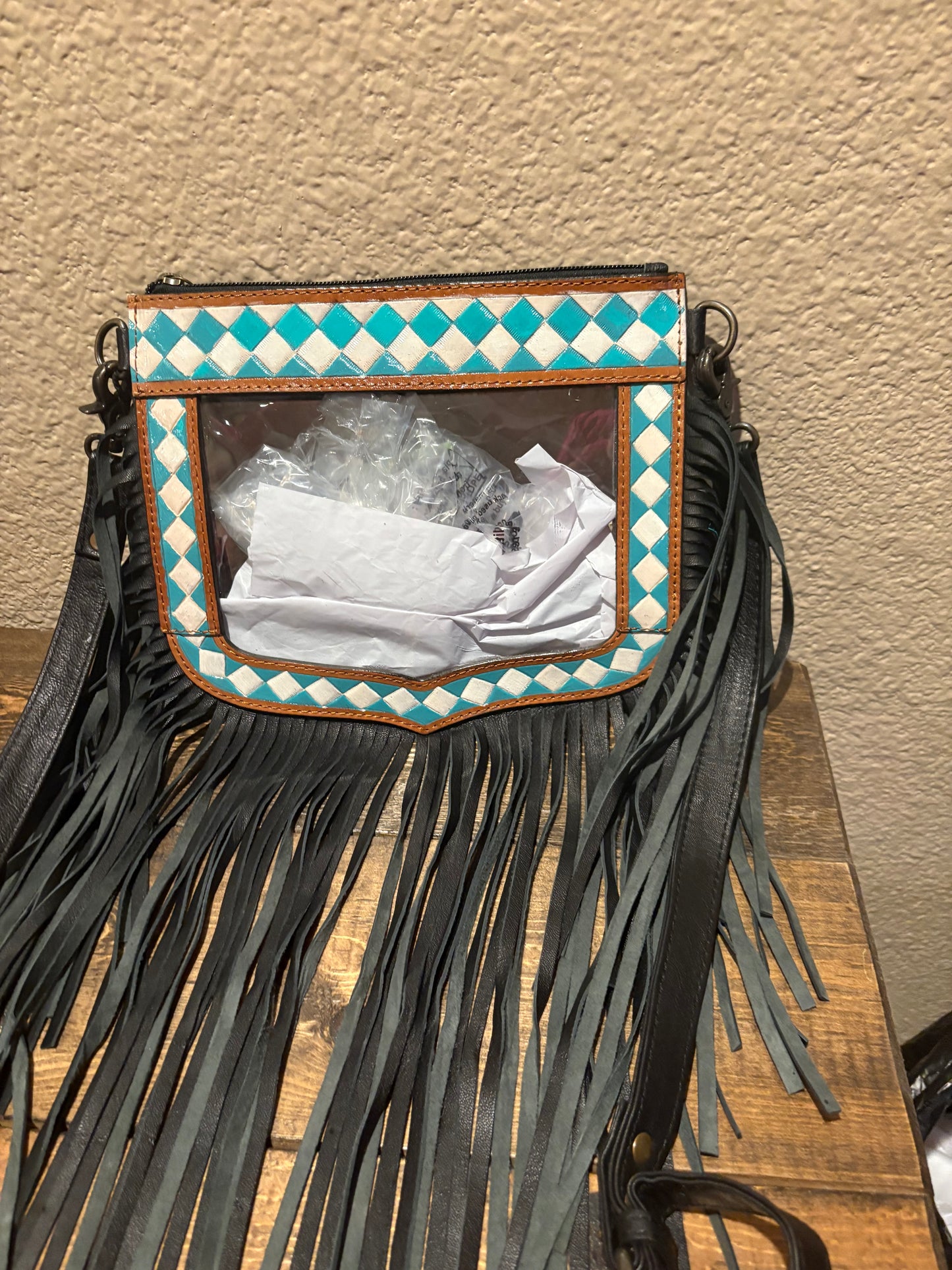 Turquoise Checkered Clear Crossbody