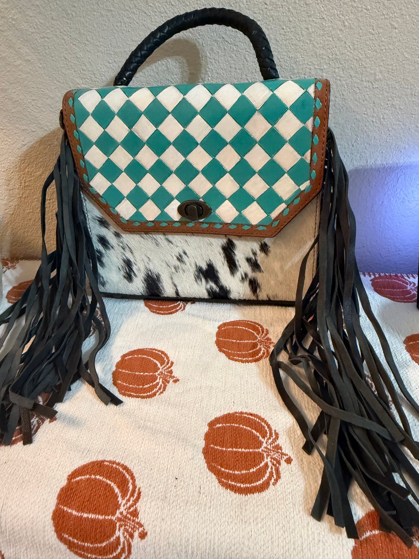 Turquoise Checker tooled leather & cowhide cross body