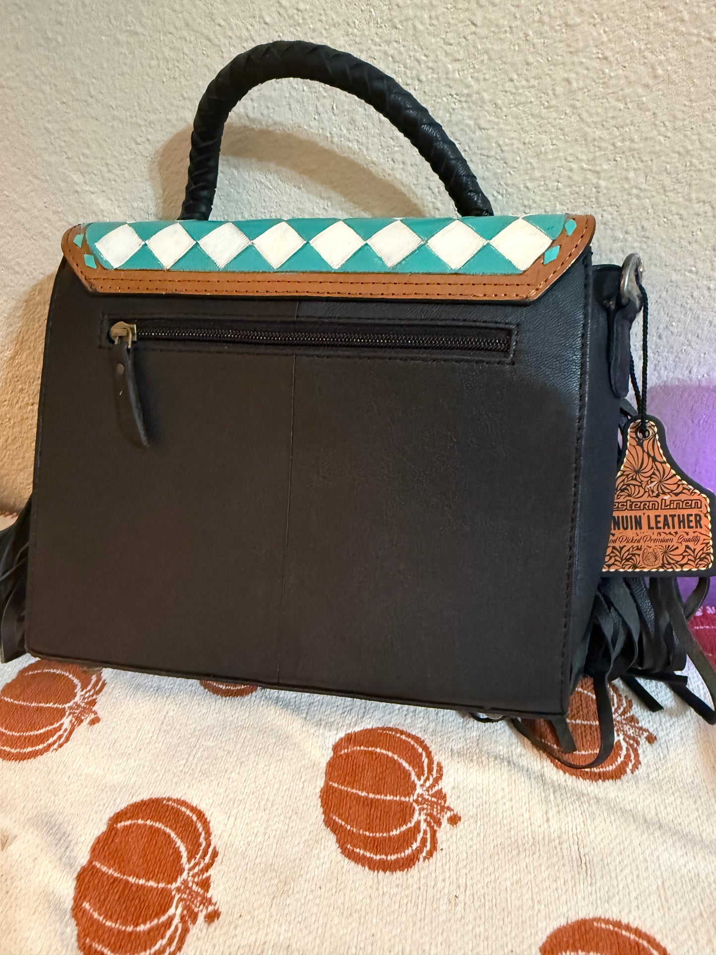 Turquoise Checker tooled leather & cowhide cross body