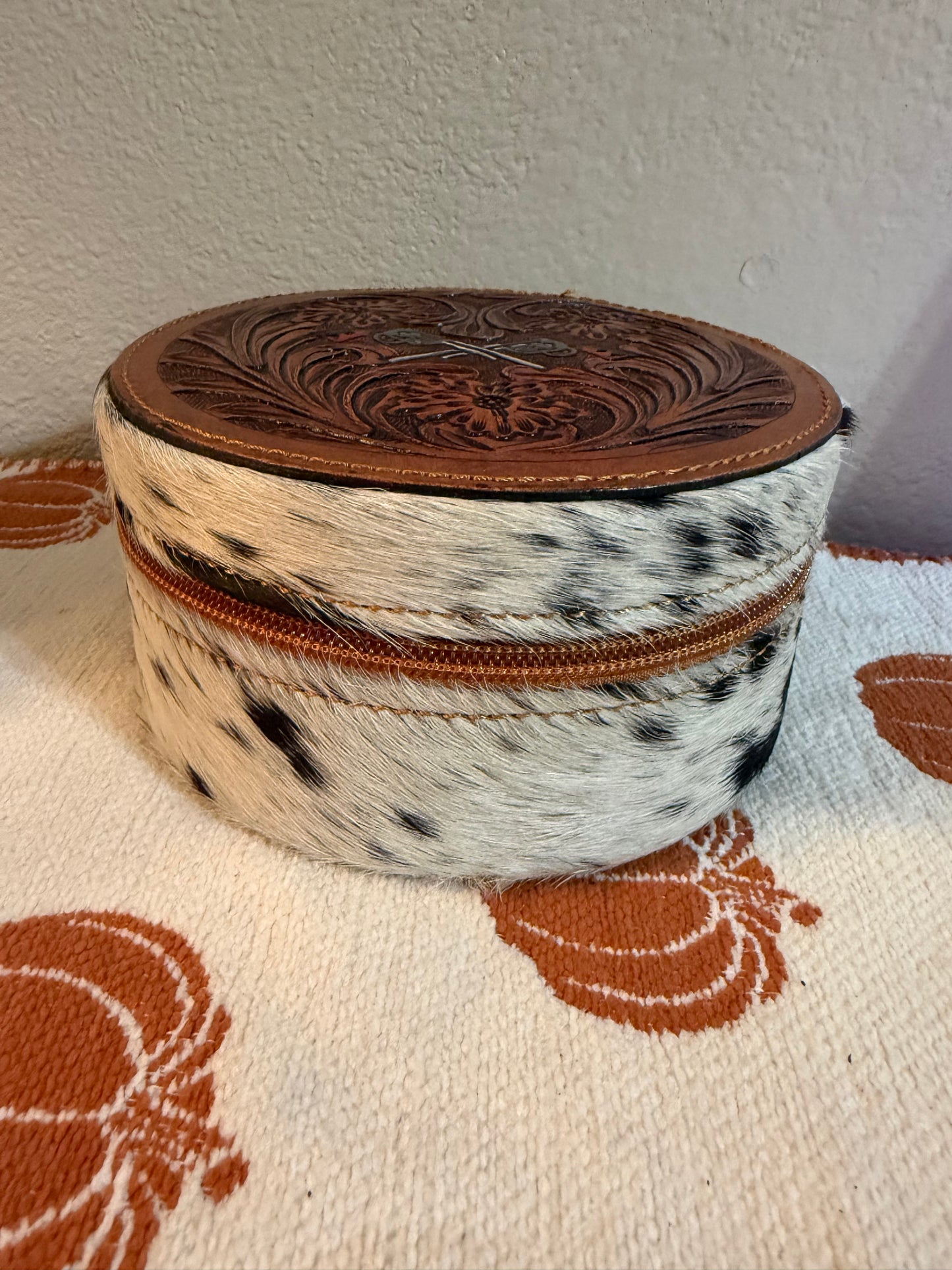 Pistol tooled leather & cowhide jewelry box