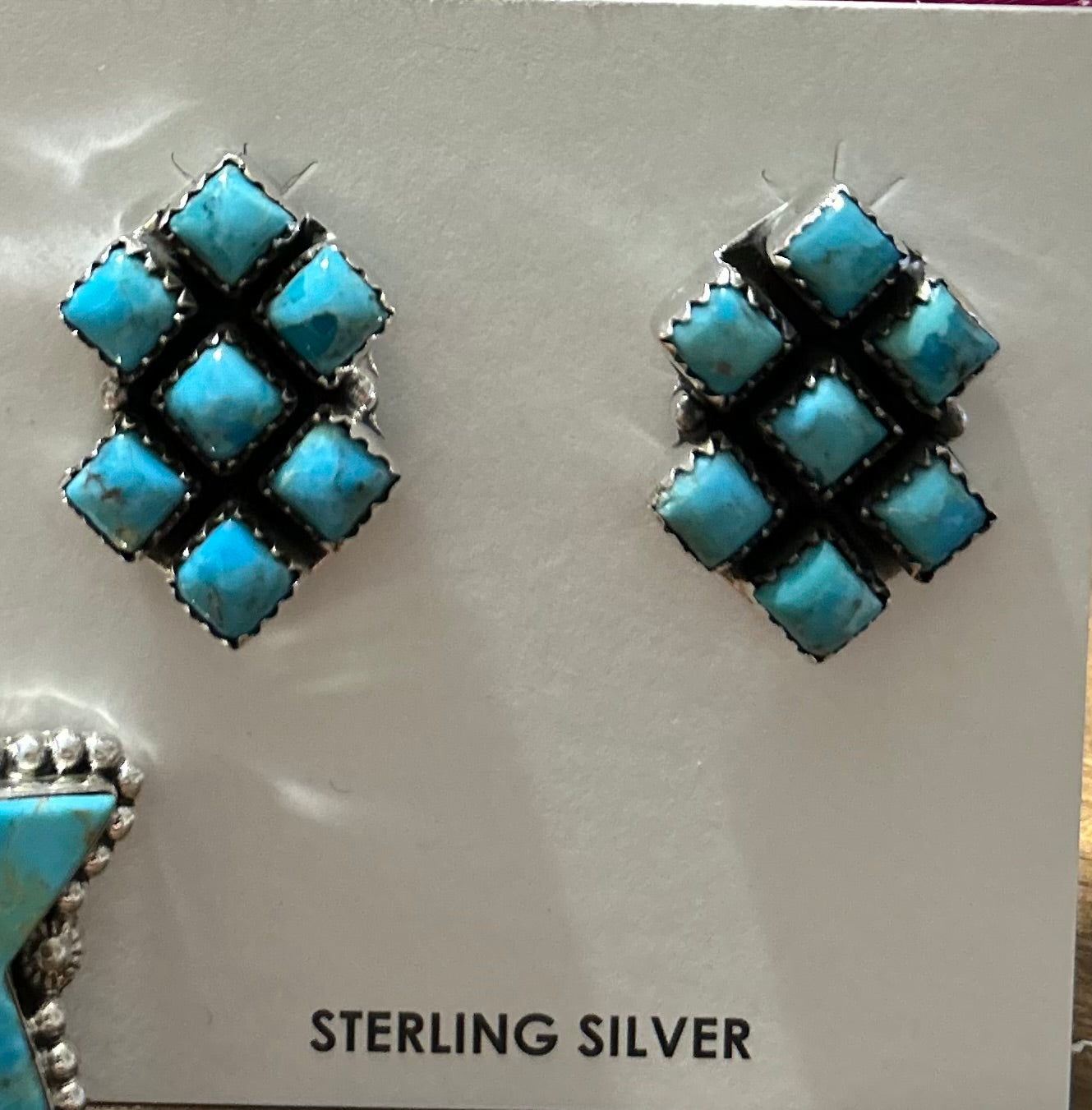 HADA COLLECTION STERLING SILVER KINGMEN TURQUOISE DIAMOND CLUSTER EARRINGS