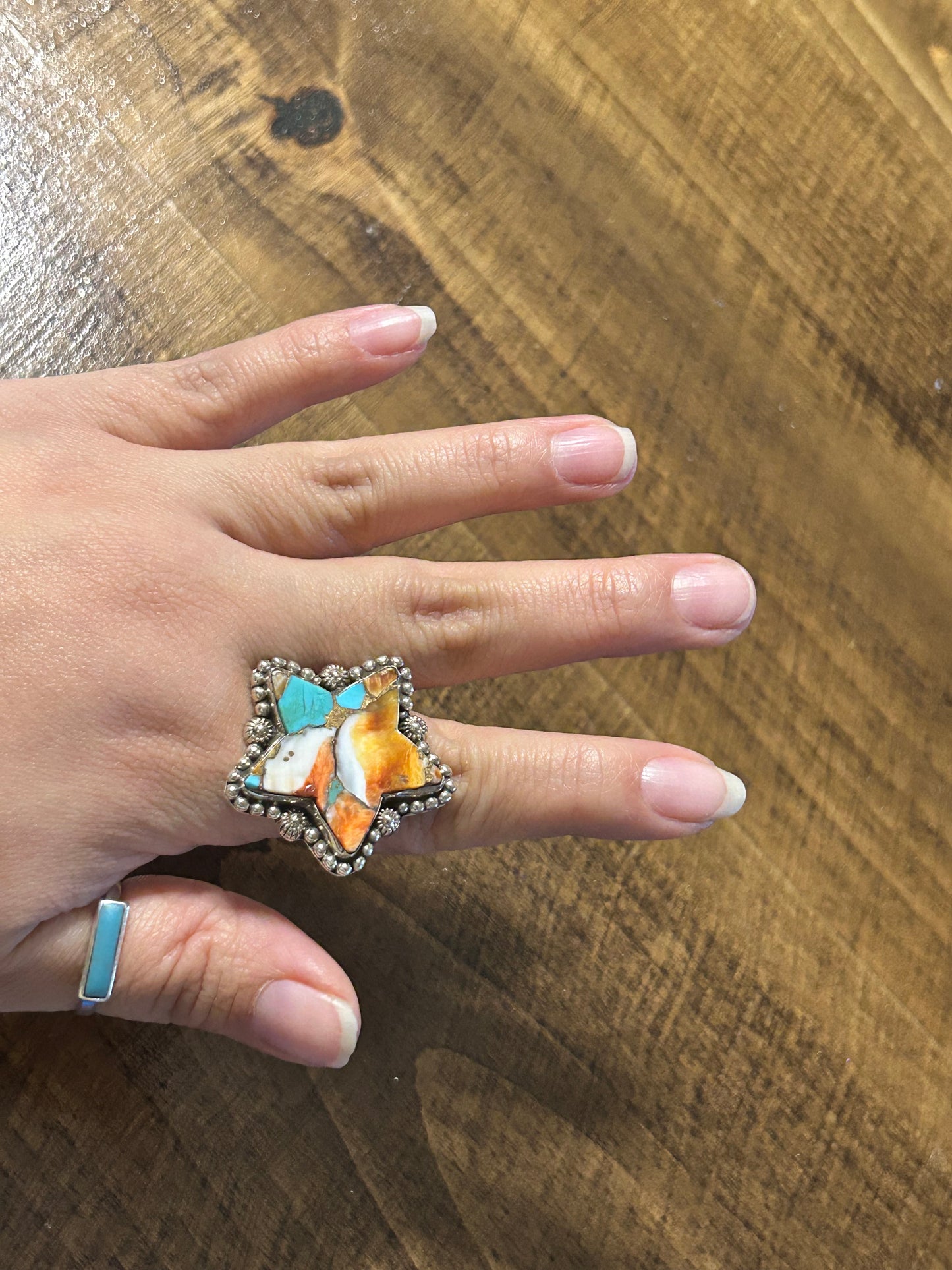 HADA COLLECTION STERLING SILVER SPINY  TURQUOISE ADJUSTABLE STAR RING