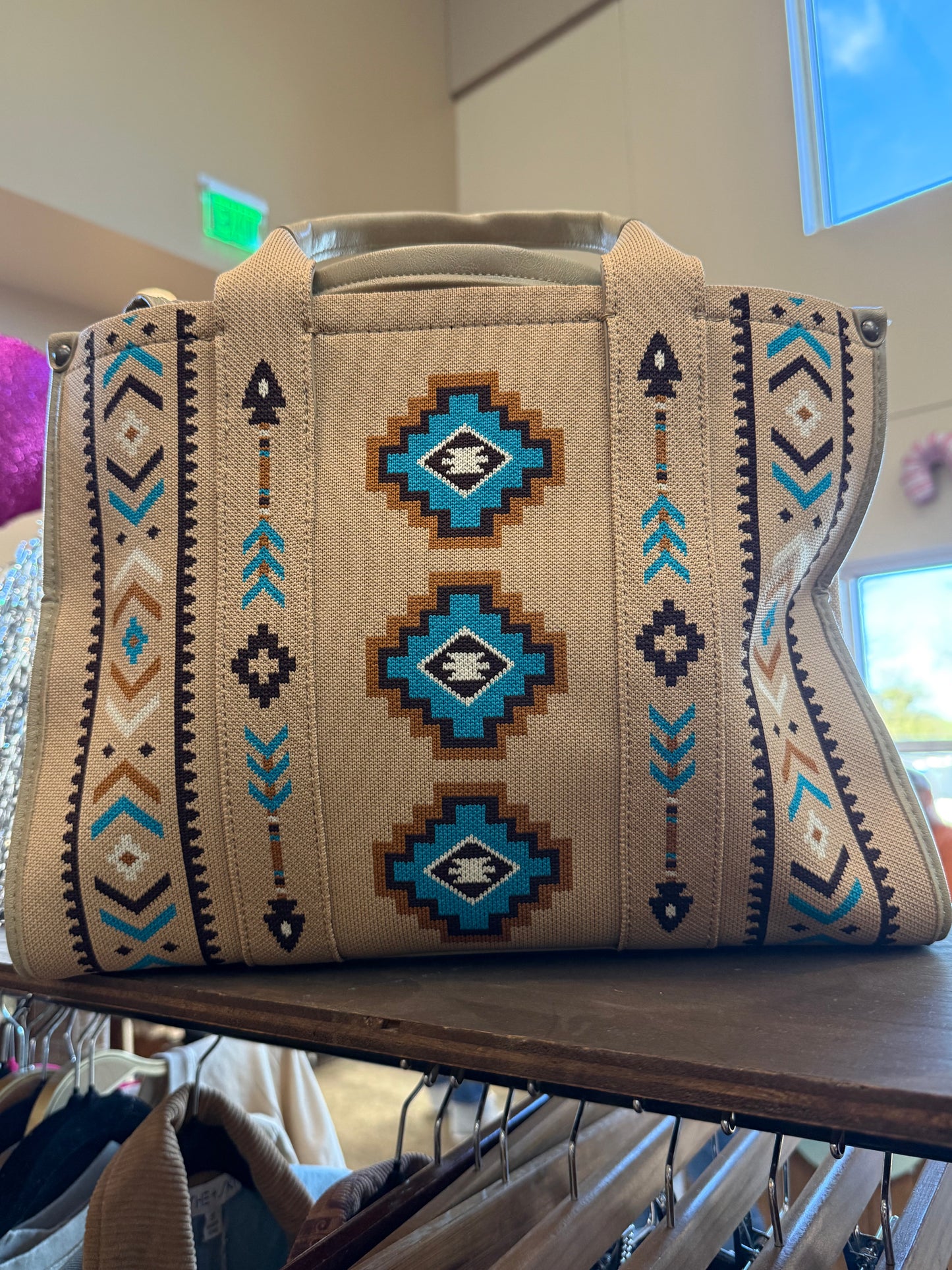 Taupe- Aztec Retro Arrows Dual Sided Print Large Tote/Crossbody
