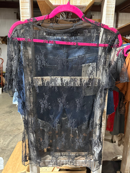 Black Mesh Short Sleeve Stretch Top