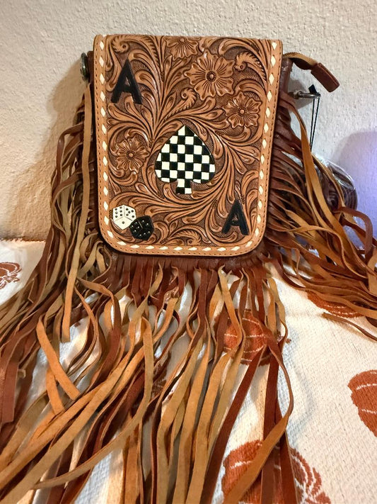 Aces tooled leather fringe crossbody bag
