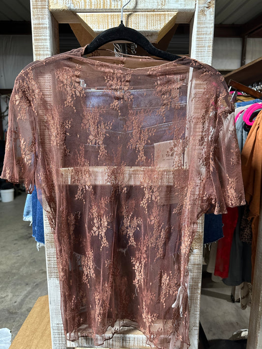 Brown Mesh Short Sleeve Stretch Top