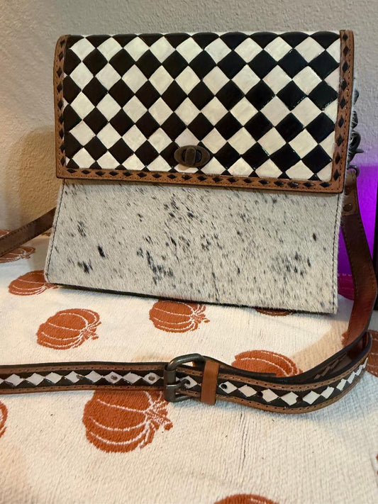 Checker tooled leather & cowhide crossbody bag