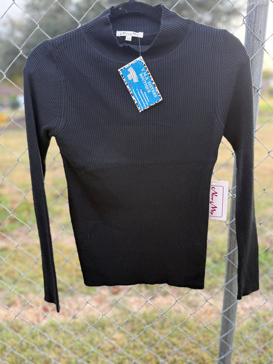 Ribbed Top with Mock Neck and Long Sleeves Black
