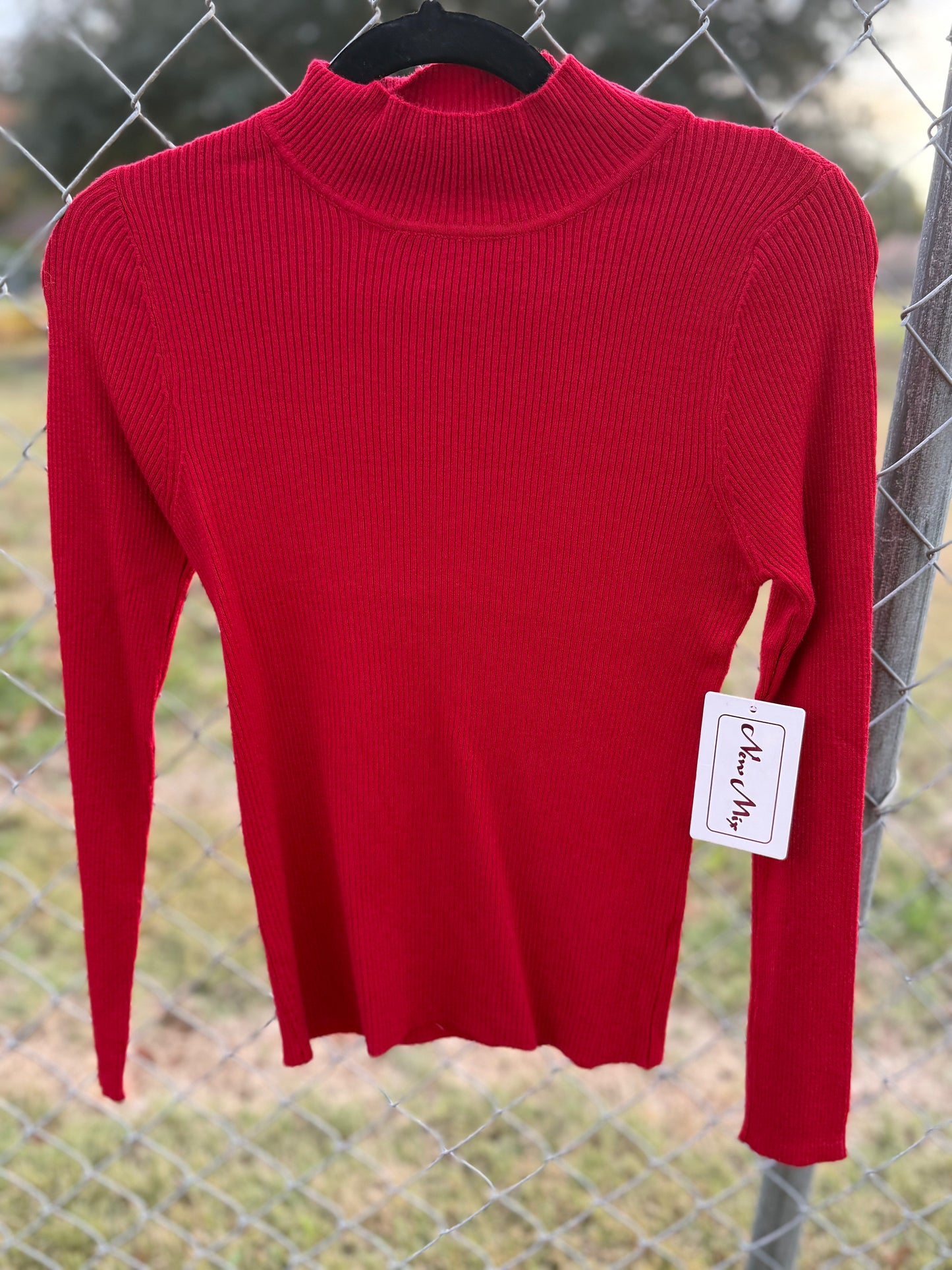 Ribbed Top with Mock Neck and Long Sleeves- Red