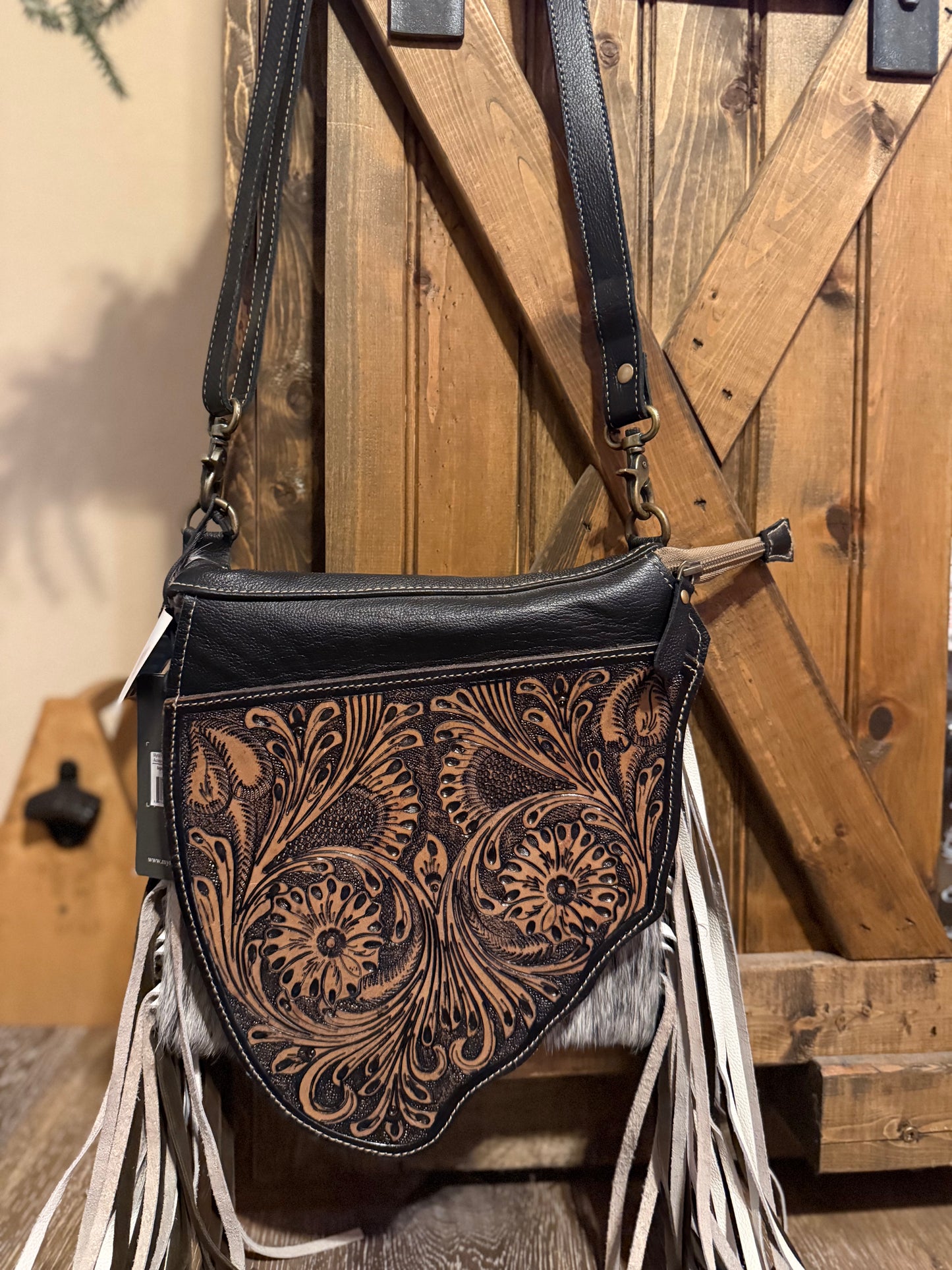 Tooled Cowhide Purse with White & Black Fringe