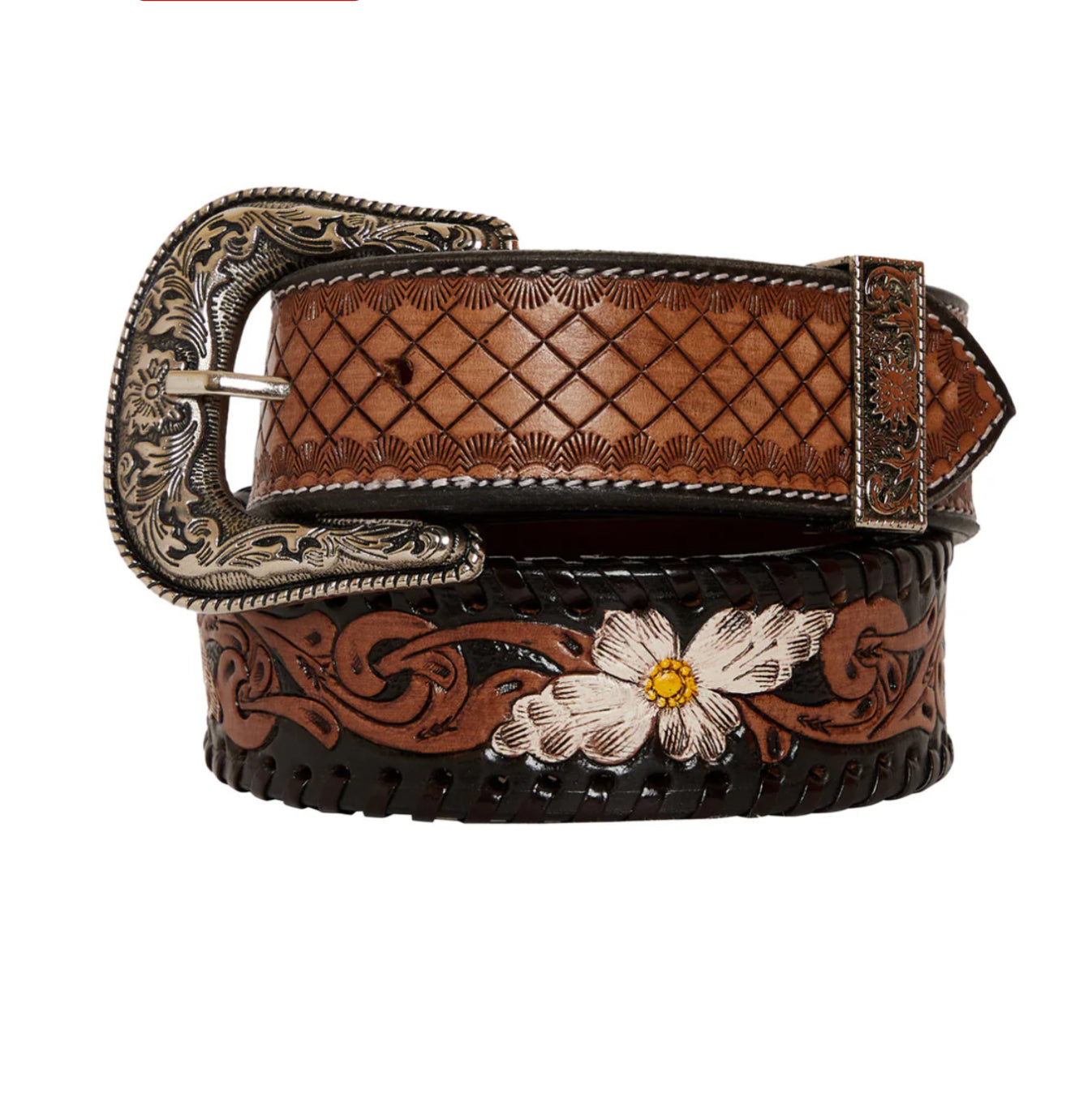 CHECKERED BROWN HAND-TOOLED LEATHER WOMEN'S BELT