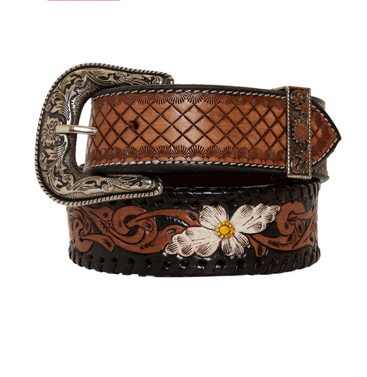 CHECKERED BROWN HAND-TOOLED LEATHER WOMEN'S BELT