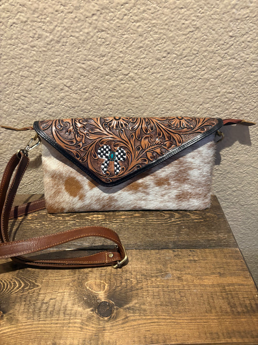 Checkered Bow Cowhide Tooled envelope Crossbody