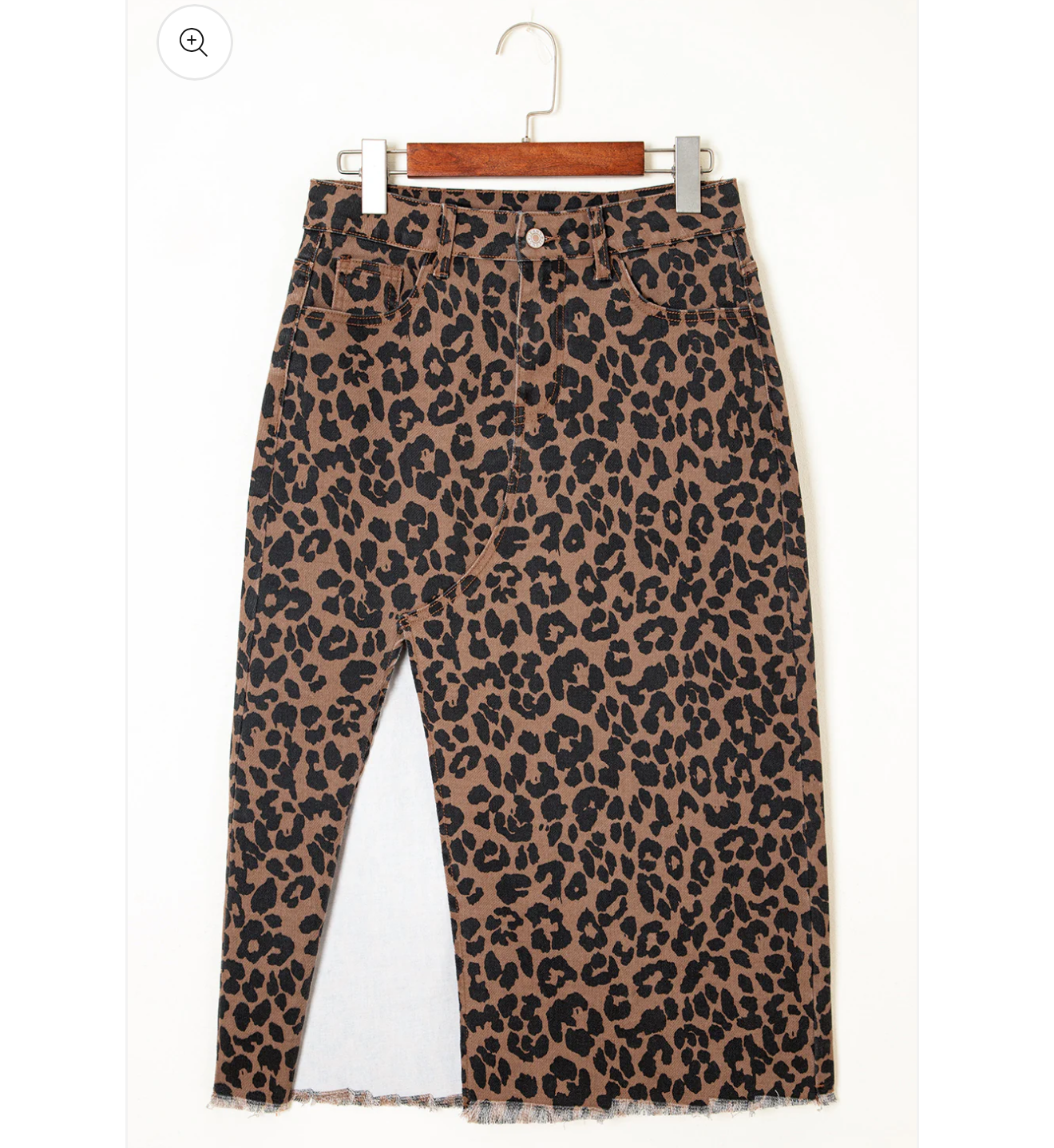 Brown Leopard Denim Frayed
Split Denim Midi Skirt