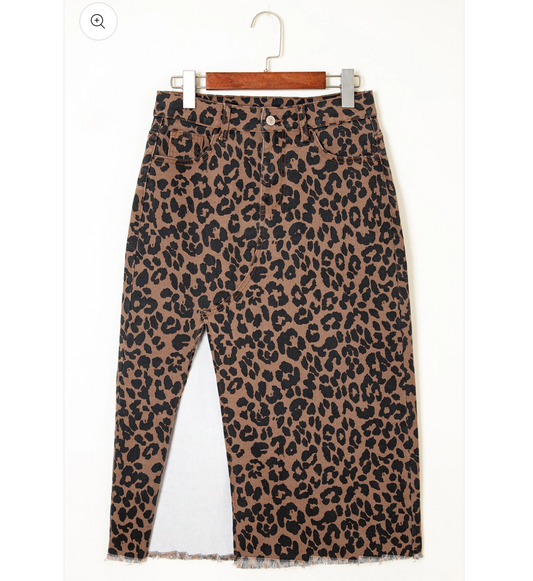 Brown Leopard Denim Frayed
Split Denim Midi Skirt
