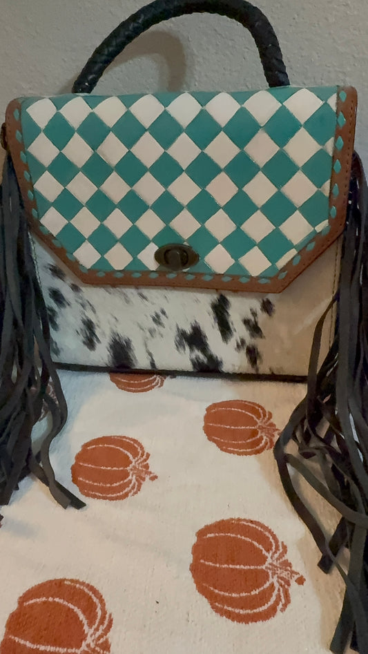 Turquoise Checker tooled leather & cowhide cross body