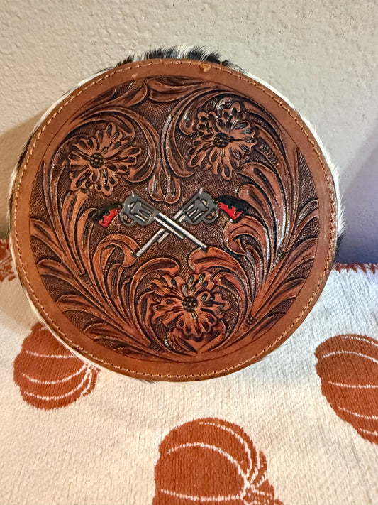Pistol tooled leather & cowhide jewelry box