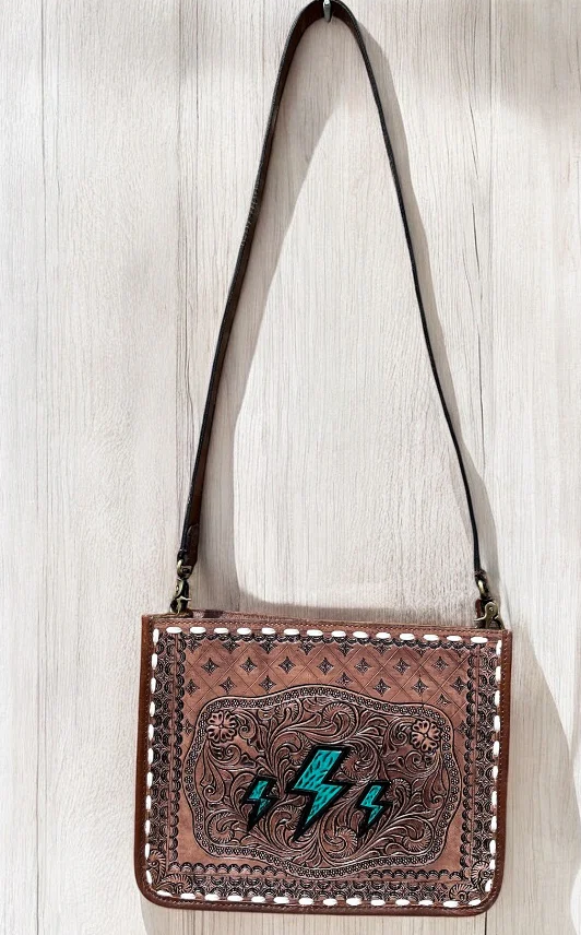 Turquoise lightning tooled leather crossbody bag